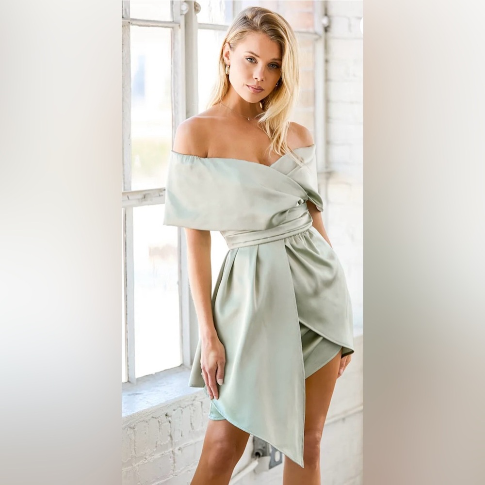 Sage Green Satin Off-the-Shoulder Mini Dress
